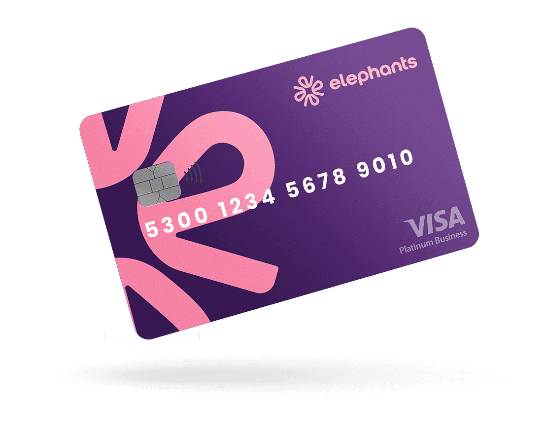 A purple VISA Platinum Business credit card featuring the "elephants" logo.